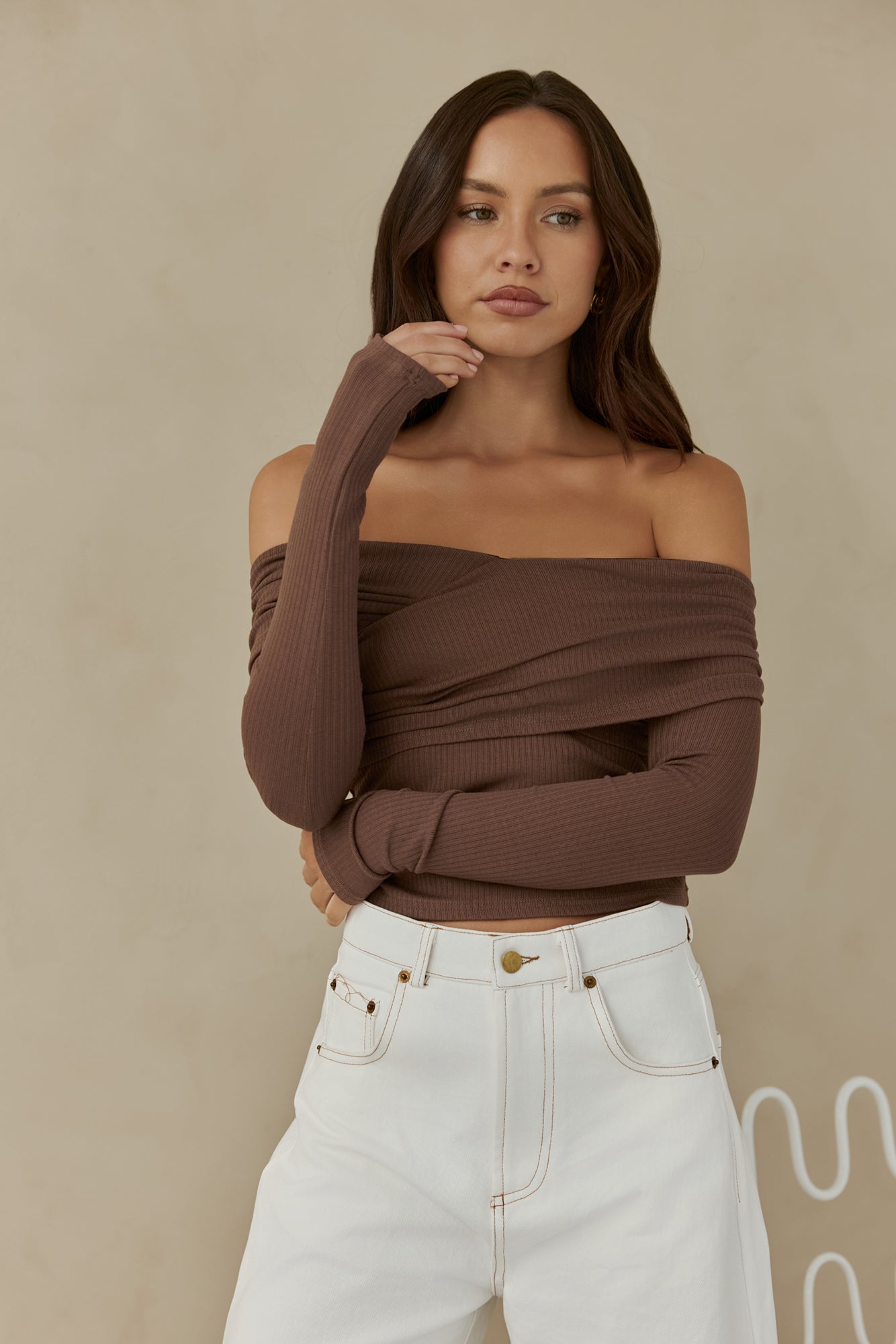Autumn Dreamer Long Sleeve Off Shoulder Top Brown